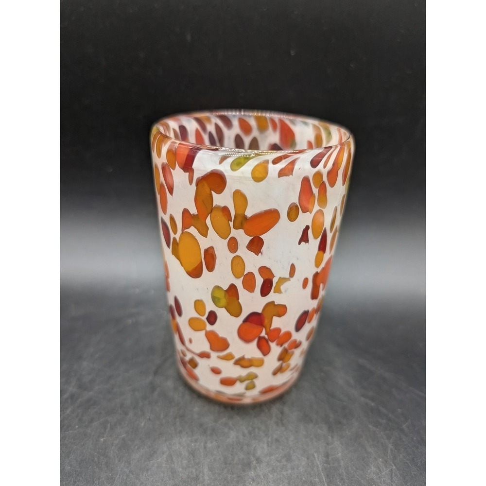 MAG Signed Hand Blown Art Glass Tumbler Orange Yellow Red Confetti Splatter 5"